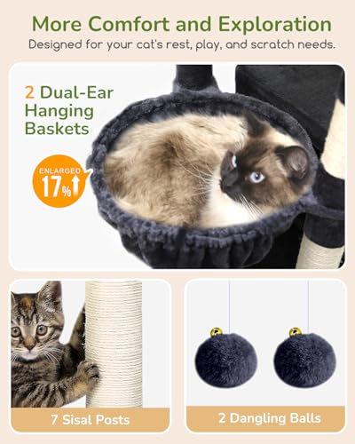 Image of Globlazer Heavy Duty Cat Tree, 74in Sturdy Cat Tower for Large Cats Adult, Big Cat Tree with 7 Sisal Scratching Posts, 2 Padded Condos, 2 Dual-Ear Hanging Baskets, Enlarged Top Perch, S74, Dark Grey