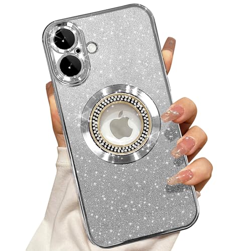 Image of Misscase for iPhone 16 Magnetic Glitter Case Compatible with MagSafe,Full Protection Slim Shockproof Anti-Scratch Case with Camera Lens Protector Logo View Dust-Proof Net for Women Silver