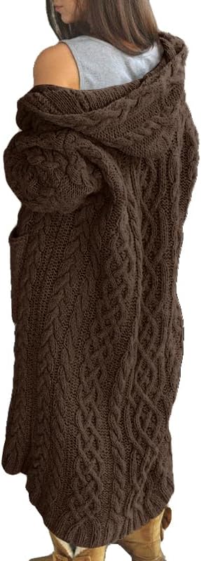 NIUBIA Womens Casual Long Sleeve Open Cardigan Warm Hooded Outwear Coat Cable Knit Long Cardigan Sweaters with Pockets
