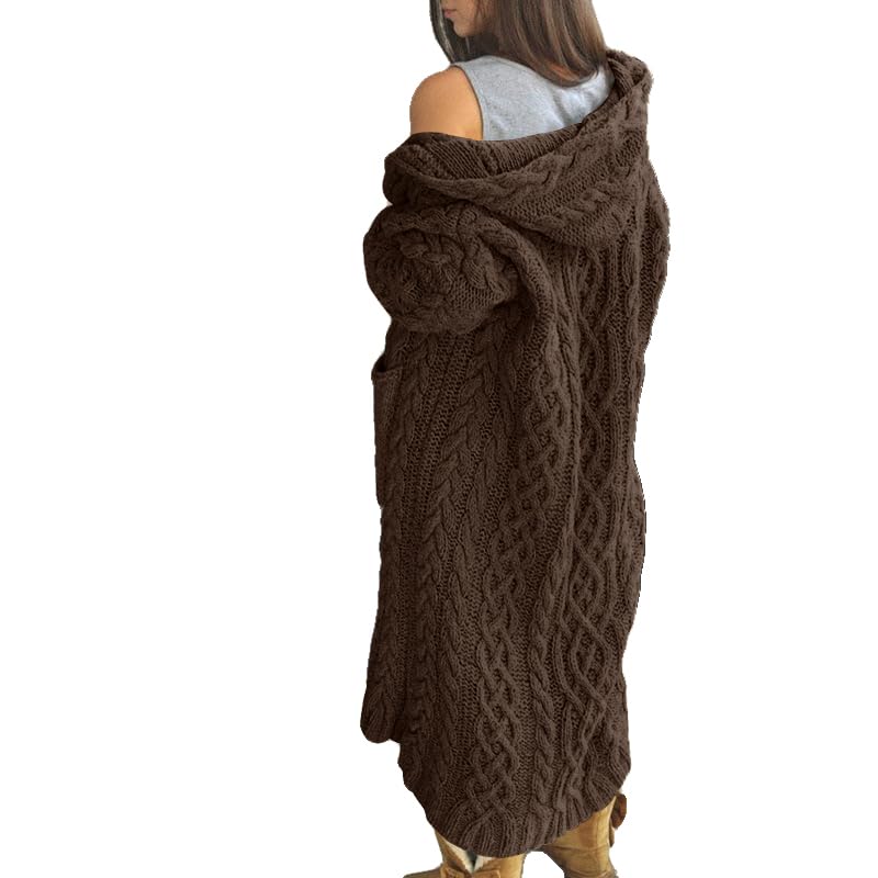 NIUBIA Womens Casual Long Sleeve Open Cardigan Warm Hooded Outwear Coat Cable Knit Long Cardigan Sweaters with Pockets: Small Coffee