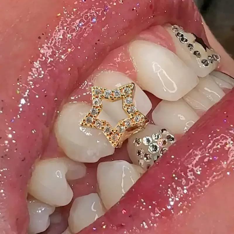 6PCs Grillz for Women Hip-Hop Punk Rhinestones Cross Grillz Hollow Out Heart Star tooth cap Gold Plated Silver Grills for Your Teeth3