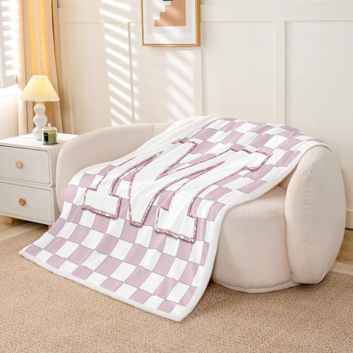 Image of Erosebridal Pink Initial M Fuzzy Plush Throw Kawaii Plaid Checkered Fleece Blanket Cute Personalized Monogram Sherpa Blanket for Kids Girls,Fashion Grids Gingham Decor for Bed Couch 40 inchx50 inch