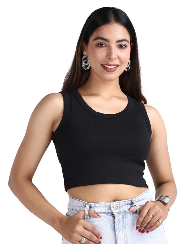 mlada Rib Knit Crop Top for Women | Cotton Ribbed Top for Women | Round Neck Rib Knit Crop Top Sleeveless | Regular Fit Sleeveless Tank Top | Solid Fit Crop Tops for Women | Sleeveless Cotton Crop Top-picture-44