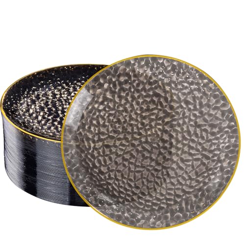 DaYammi 60 Pieces Black Gold Plastic Plates - 10 inch Clear Dinner Plates - Hammer Pattern Design - Fancy Clear Black and Gold Disposable Plates for Party and Wedding