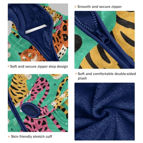 Tiger Print on Green Background Toddler Fleece Jacket Girl Boys Hooded Fleece Jacket Coat Warm Outwear Zip-up 3-10T3