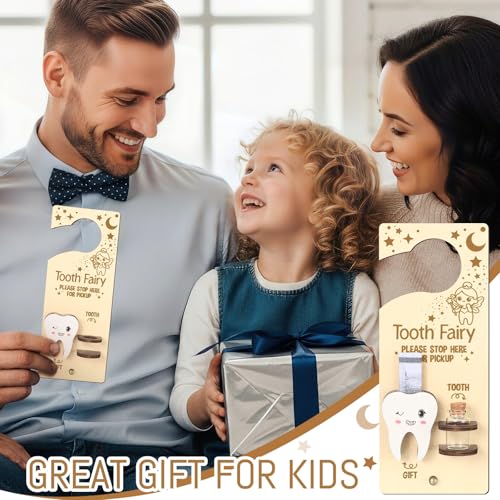 Image of DoubleFill Fairy Tooth Gift Holder Bag Door Hanger Lost Teeth Keepsake Box Tooth Fairy Kit Stores Back to School Gift for Lost Teeth Boy Girl Primary School Classroom Gifts(Fresh,Natural Wood Color)
