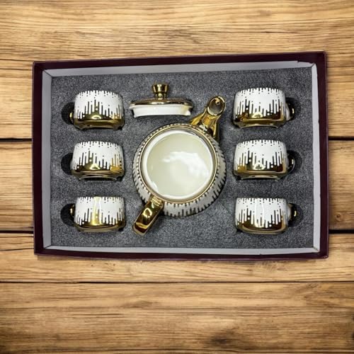 Image of DMRD Porcelain Tea Set with Kettle |Tea Cup Set 7Pc | Aesthetic and Classic Cups Set | Premium Crockery for Home & Gifting with Golden Color Geometric Pattern Design. (Golden Drop Strip)