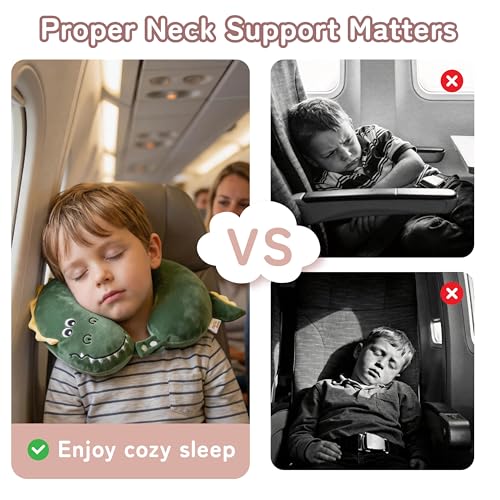 Image of Kids Travel Neck Pillow for Ages 3-8 with Memory Foam, Crocodile | Removable cover, 13 in neck size, hidden zipper, machine washable, head and chin support, car seat and airplane use