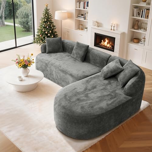 Image of 99 inch Curved Sectional Sofa with Chaise, Gray, Right Chaise+Left Sofa | Modern Boneless Couch, Deep Seat, L Shaped 3-Seater Cloud Couch, No Assembly Needed, Chenille