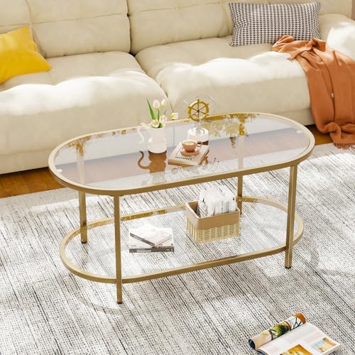 Wolawu Coffee Table Gold Oval Glass Table for Living Room,2 Tiers Oval Center Table with Sturdy Metal Frame, Modern Tempered Glass Tables for Bedroom Living Room Home Office