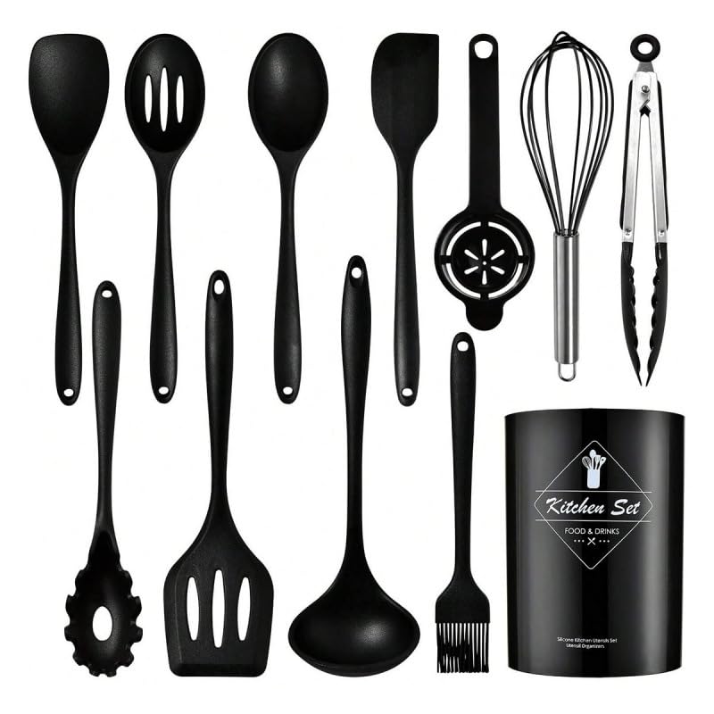 12 Stück Küchenhelfer Set, Silikon Küchenutensilien, Antihaftbeschichtet Kochlöffel Set mit Utensilienhalter, Geeignet Für Kochen (Schwarz)