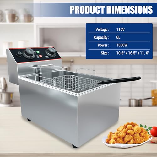 Commercial Deep Fryer, 6.3 QT/6 L Electric Deep Fryer with Single Basket and Lid, Stainless Steel Deep Fryer with Temperature Control for Restaurant or Home Use, 1500W