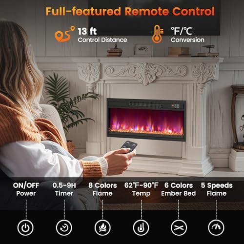 Tangkula 26” Electric Fireplace Insert, Recessed 1500W Fireplace Heater with Remote Control, 0.5-9H Timer, Adjustable Flame & Ember Bed Color, Thermostat and Overheat Protection - Thumbnail 5