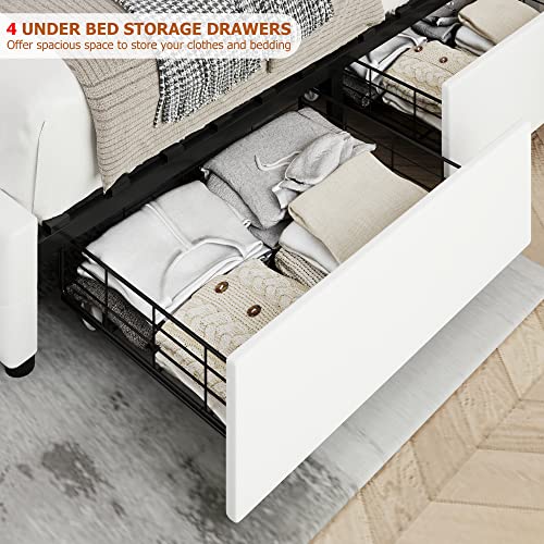 Queen Bed Frame With 4 Storage Drawers And Adjustable Headboard, Upholstered Faux Leather Platform Bed With Button Tufted Design, Strong Wooden Slats Support, No Box Spring Needed, White #TOP5