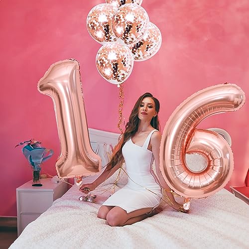 Image of 16th Birthday Number Balloons for Girls, 40 Inch Foil Self Inflating Number 16 Balloons with Rose Gold Confetti Balloons, Large 1 & 6 Balloons for Women 61st Birthday Party Anniversary Decor Supplies