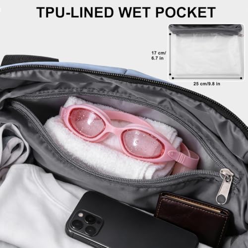 Fitness Bag for Women Small Blue, 17" Gym Bag with Wet Pocket Waterproof Portable Sports Tote for Swimming, Weekend Travel - image 5