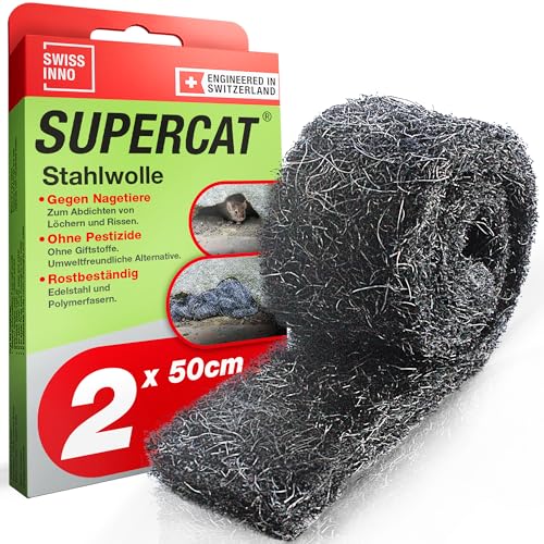 SWISSINNO Stahlwolle auf Rolle gegen Mäuse & Ratten Stahlwolle gegen Ratten/Mäuse Rattenabwehr Outdoor Rattengitter-/Nagerbarriere zum Abdichten von Spalten 2×50 cm