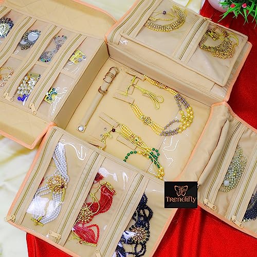 Image of Trendifly silk Lucknowi Jewellery Organiser Box for women Necklace organizer pouches Travel Makeup Cosmetic Earrings Jewelry Storage Box for Bridal Gifting (Oragne), Multicolor