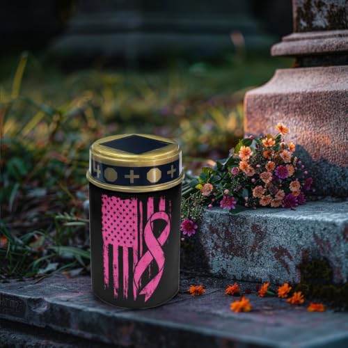 Image of Poceacles Solar Outdoor Lights Solar Grave Lights Cemetery Candles Decorative LED Automatic Flameless Candle, Pink Ribbon American Flag, Pack of 6