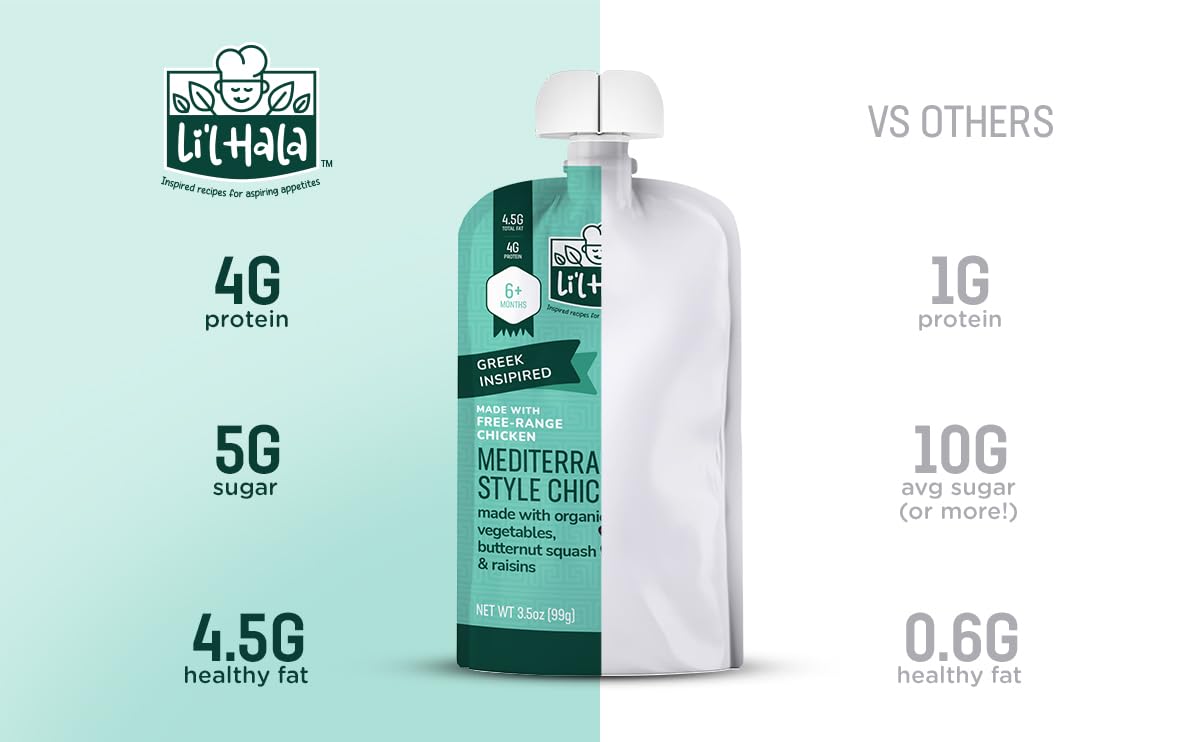 Li’l Hala Foods - Baby Meat Pouches - Mediterranean Chicken – Free-Range Chicken & Organic Veggies – Toddler Meals with Meat – Protein & Healthy Fats Puree – No Hormones – 6+ Months – 3.5 oz (12 Pack)