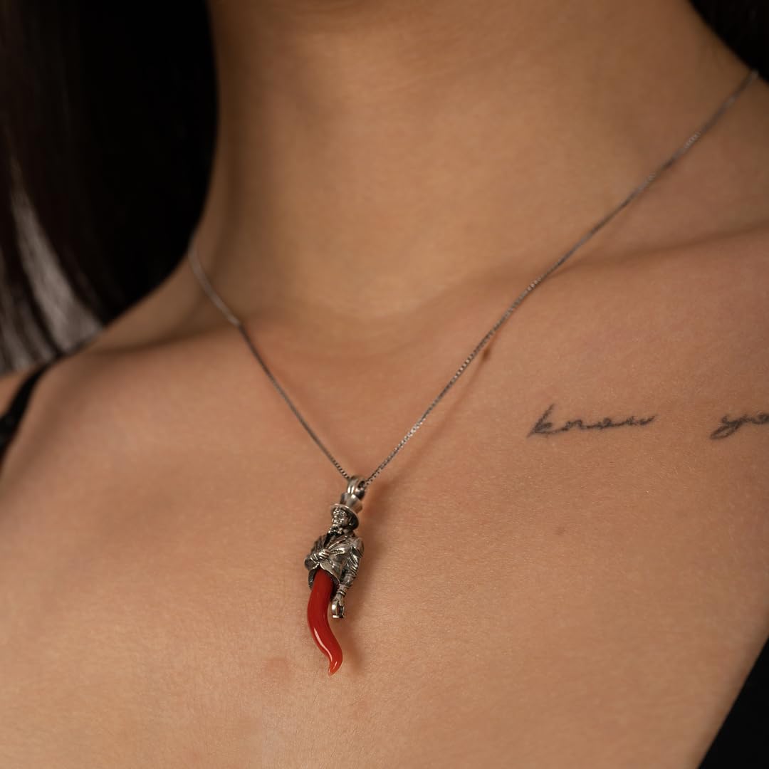 Ciondolo gobbetto gobbo in argento 925 con corno cornetto in corallo rosso del Mediterraneo amuleto portafortuna unisex gioiello da uomo donna ragazza ragazzo pendente argento