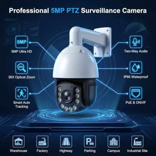 Image of HANUTECH Indoor-Outdoor 5MP Biggest 36x Zoom Dome Pantilt PTZ CCTV Security Camera Dual Audio Auto Motion Tracking Surveillance Camera, 2 Way Communication, IP66 Waterproof