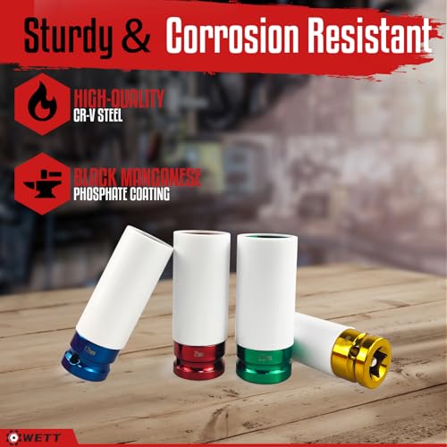 Image of WETT 4Pcs 1 /2 Inch Lug Nut Socket Set, Wheel Protector Thin Wall Deep Impact Socket, CR-V Steel, 6 Point, Metric, 17mm, 19mm, 21mm, 22mm, Plastic Socket Lug Nut