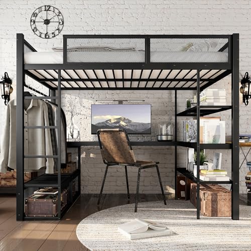 Metal Queen Loft Bed with Desk and Storage