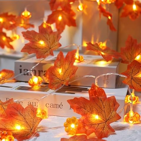 2 Pack Thanksgiving Decorations Maple Leaf Pumpkin Lights, Total 20Ft 40 LED Battery Operated 3D Pumpkin Fall Leaves Garland String Lights for Home Mantel Table Porch Door Indoor Outdoor Fall Decor Cover