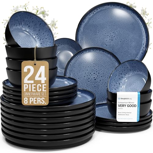 Image of 24 Piece Stoneware Dinnerware Set for 8 - Handmade Reactive Glaze Plates and Bowls Set - Chip & Scratch Resistant Dish Set - Dishwasher Microwave Safe - Deep Blue