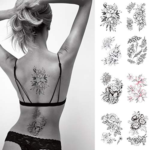 CARGEN 8 Feuilles Noir Rose Fleurs Tatouage Autocollants Tatouages Sexy pour Femmes éTanche Faux Corps Autocollants Cover