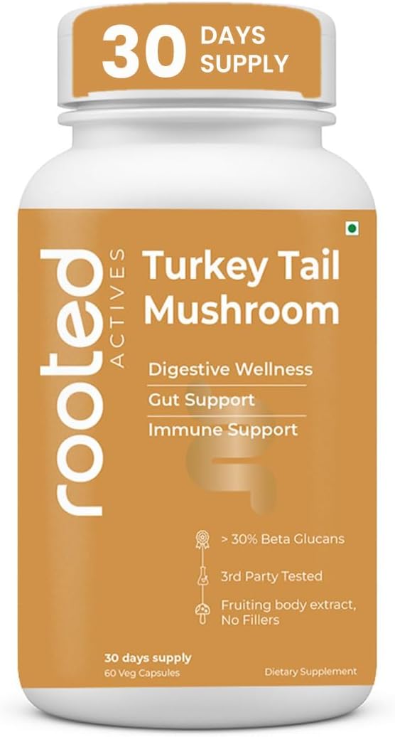 Rooted Turkey Tail mushroom Extract Capsules (60 Veg Caps, 500 mg) | Heart health, Stress Relief, Liver. USDA Organic, 30% Beta Glucans, Certified organic