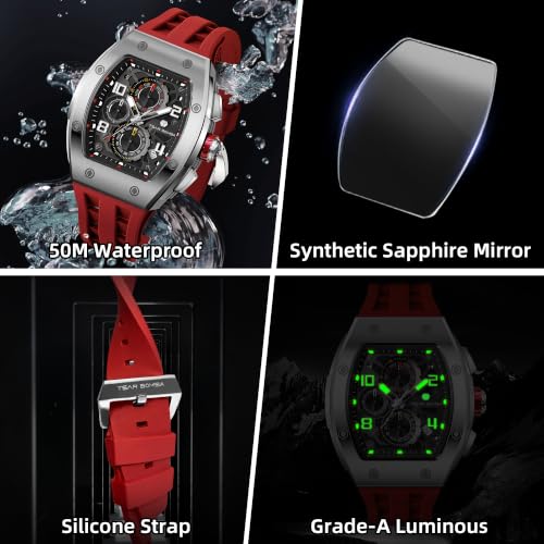 Image of TSAR BOMBA Men's Luxury Quartz Watch, Luminous Dial 5ATM Water Resistance Silicone Strap Men's Wristwatch Ideal Gift for Men