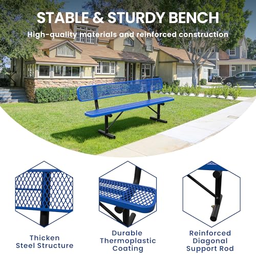 Image of 8FT Heavy Duty Park Bench with Back Portable Frame, Outdoor Steel Bench with Backrest, Outdoor Park Bench Expanded Metal Mesh Bench for Lawn, Park, Deck, Garden, Patio, Porch, Black (Blue, 8FT)