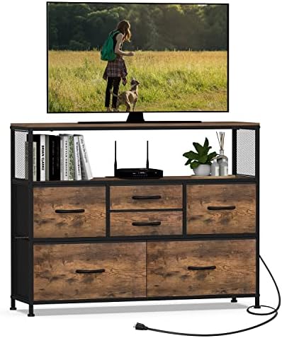 Simoretus TV Stand with Power Outlet and Fabric Drawers Entertainment Center for TV up to 45 inch Industrial Open Storage Shelf Media Console Dresser for Living Room Bedroom