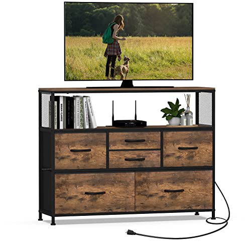 Simoretus Tv Stand With Power Outlet And Fabric Drawers Entertainment Center For Tv Up To 45 Inch Industrial Open Storage Shelf Media Console Dresser For Living Room Bedroom #TOP2