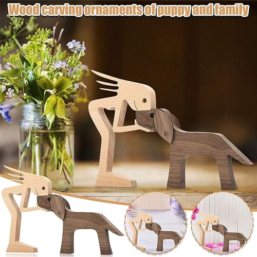 Jognee Handgefertigte Holzstatue, Welpen-Holzschnitz-Ornamente, herzerwärmendes Geschenk für Hundeliebhaber, Bastelfigur, Holz, kleine Dekorationen für Zuhause, Büro, Wohnzimmer (D – Frauen + Hund)