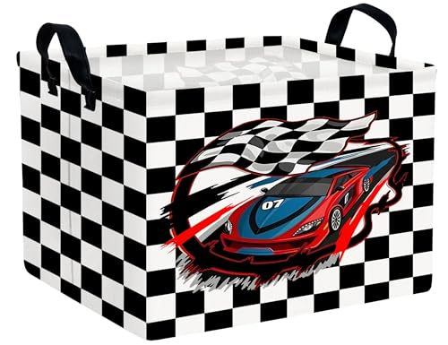 Image of Large Boys Checkered Basket Canvas Kids Toy Storage Bin Nursery Baby Organizing Decor (Check Racing Car)