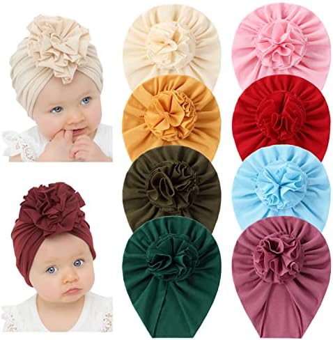 Angla 8 Pack Solid Cotton Turban Hats Large Flower Hair Bows Knot Wide Headwraps Beanie Muslim Islamic India Cap Bonnet Hat for Newborn Infant Toddlers Kids Baby Girls