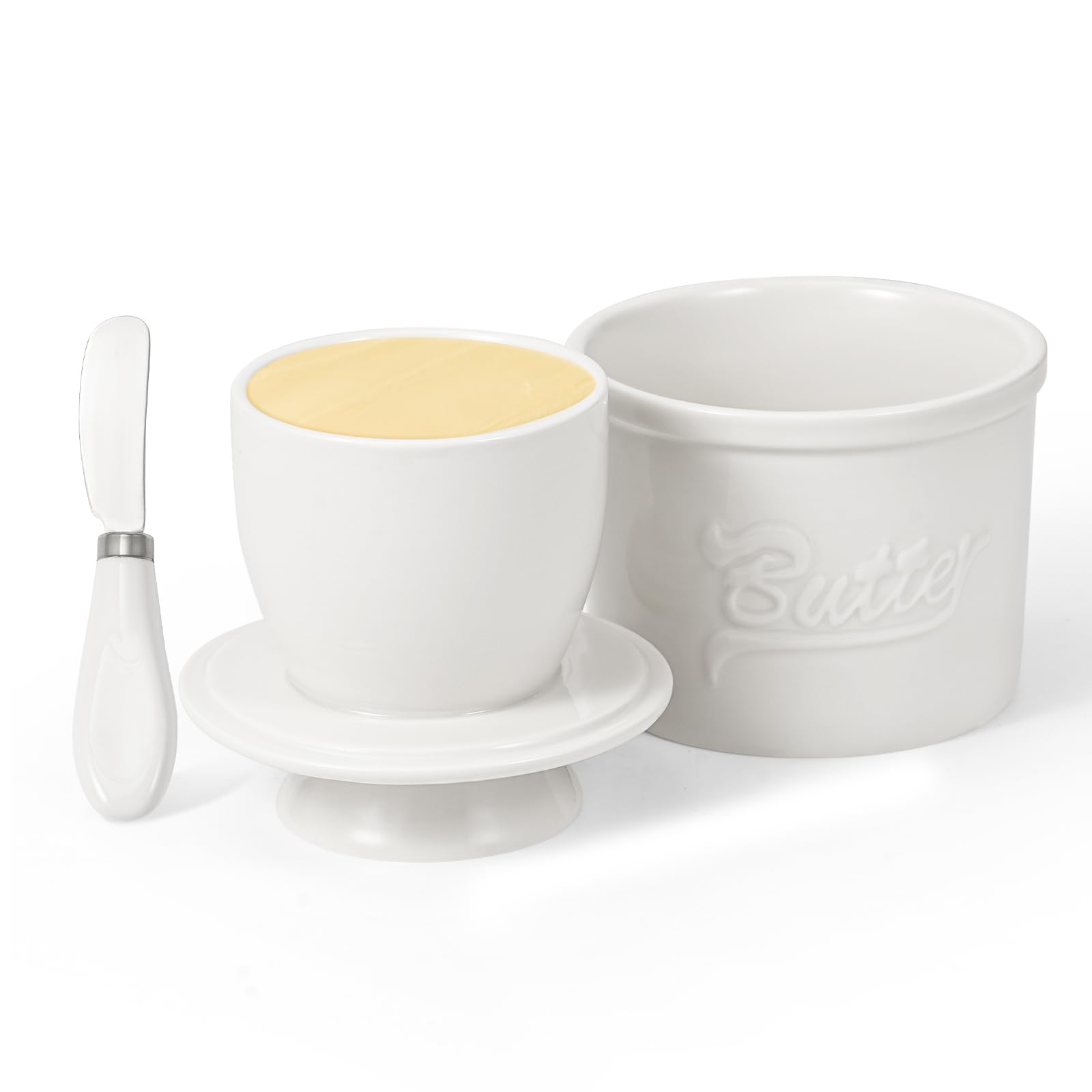 Burriera In Ceramica Con Coperchio In Bambù - Portaburro Da Frigo 16.5x10x7.5cm, Include Coltello E Spugna - Foto 3