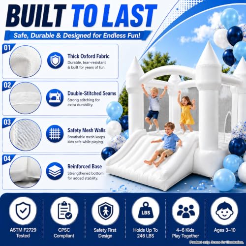 Image of AKSPORT White Bounce House for Kids, Inflatable Bounce House with Slide