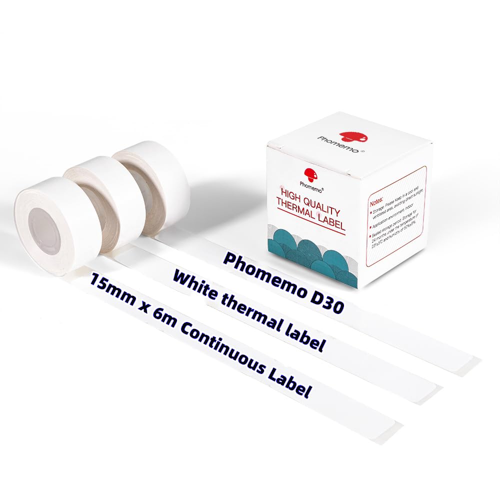 Phomemo D30 Labels-15mm x 6m Continuous Label Maker Tape, Sticker Thermal Paper Self-Adhesive Label Tape for Phomemo D30 Label Printer, White,3 Rolls