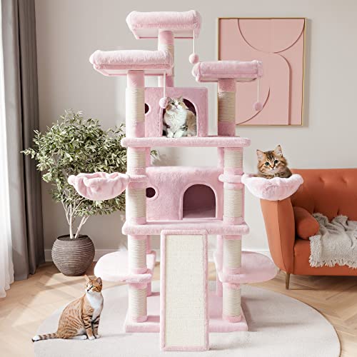 SHA CERLIN 68 Inches Multi-Level Large Cat Tree for Large Kitties/Big Cat Tower with Condo/Cozy Plush ?Pussycat Perches/Sisal Scratching Posts and Hammocks/Activity Center/Pink