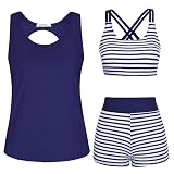 JASAMBAC Damen Badeanzug,3 teiliger Bauchweg Tankini Set,Sport Bademode，Push Up Bikini Oberteil Und High Waist Badeshorts,Verstellbare Badebekleidung,Modest Schwimmanzug Komfort Strandmode for Pool