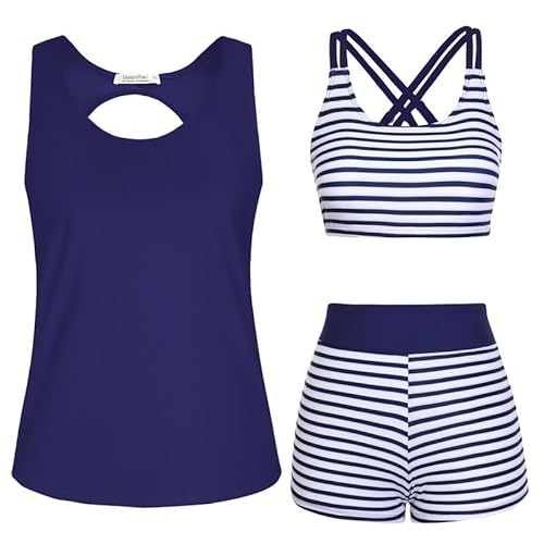 JASAMBAC Swimsuits for Women,3 Piece Tankini Swimming Costume Ladies Bikini Set Modest Swimwear Tank Top with Bikini Top Swim Shorts
