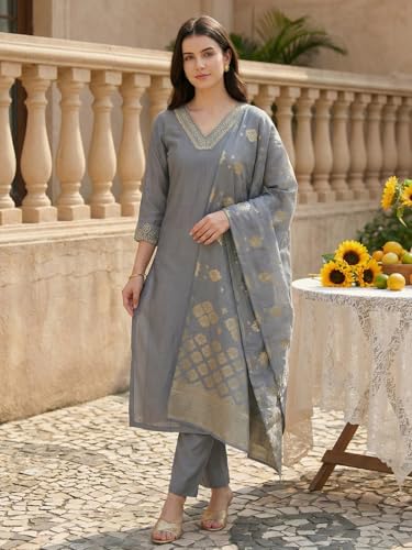 Image of INDO ERA Women's Viscose Self Design Straight Kurta with Pant & Dupatta Set