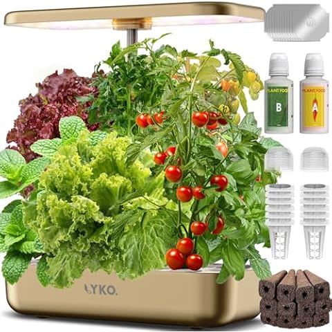 LYKOCLEAN Hydroponics Growing System 12 Pods, Indoor Herb Garden with Grow Light Water Pump Automatic Timer, Smart Indoor Gardening System for Salad, Fruit, Vegetable Plant, Golden Cover