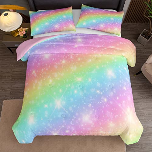 Ninenine Pink Rainbow Bedding Set Girls Bedding Set Full For Teen Boys Women Soft Microfiber Stars Glitter Comforter Set -Includes 1 Comforter With Matching Pillowcases… #TOP1