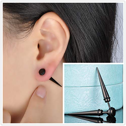 Yumilok Jewelry 4 Pcs Mens Womens Stainless Steel Spike Stud Earrings Tapers Fake Plugs Ear Stretchers, 2 Pairs(Black, Silver)4