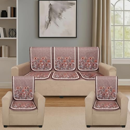 Image of Velvet Single Seater Sofa Cover with 2 Seat and Back Covers - Floral Design - Washable Fabric - Stylish Sofa Cover for Modern Living Room (Brown, 1 Seater Without Arm Cover)